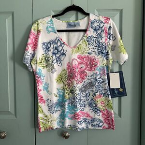 Jane Ashley Womens Y2K Short Sleeve Top Large Floral Sequin V-Neck‎ Bloomcore